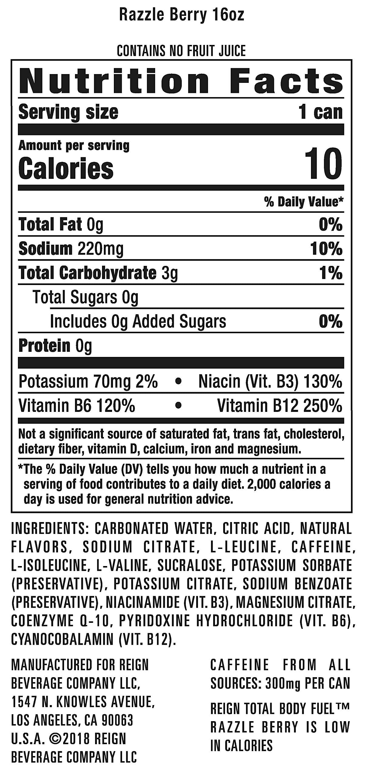 (12 Cans) Reign Total Body Fuel Energy Drink, Razzle Berry, 16 Fl Oz