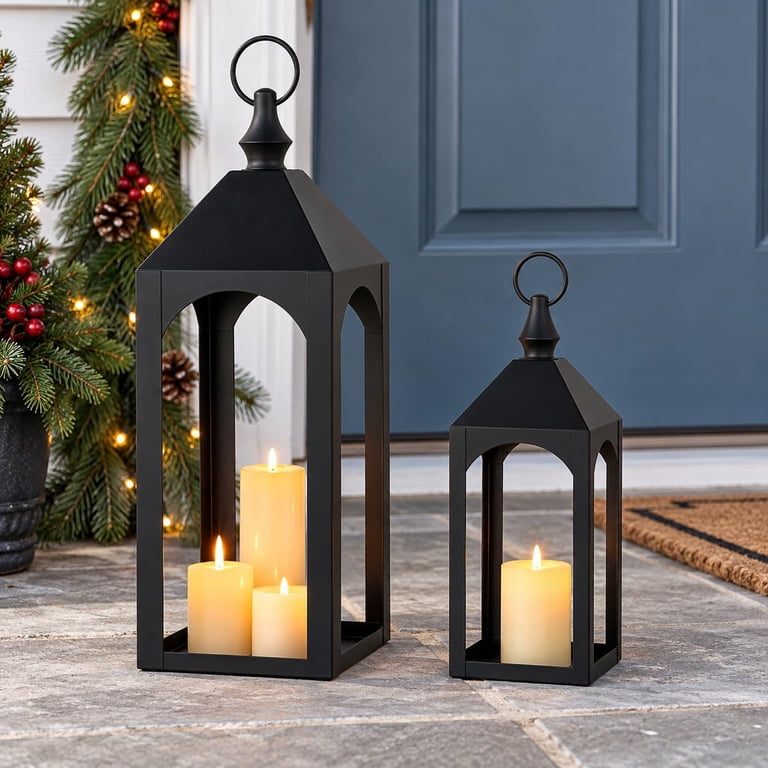 Nuptio Black Metal Pillar Candle Holder Lantern Set Of 2 photo 2