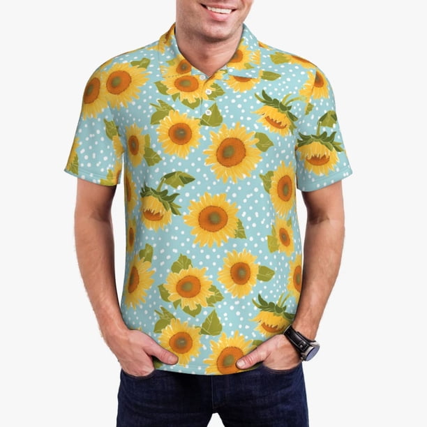 Fotbe White Polka Dot Sunflower A Camiseta Polo de Golf para Hombre con Estampado – Camisa Deportiva Transpirable con Cuello Abotonado-Large