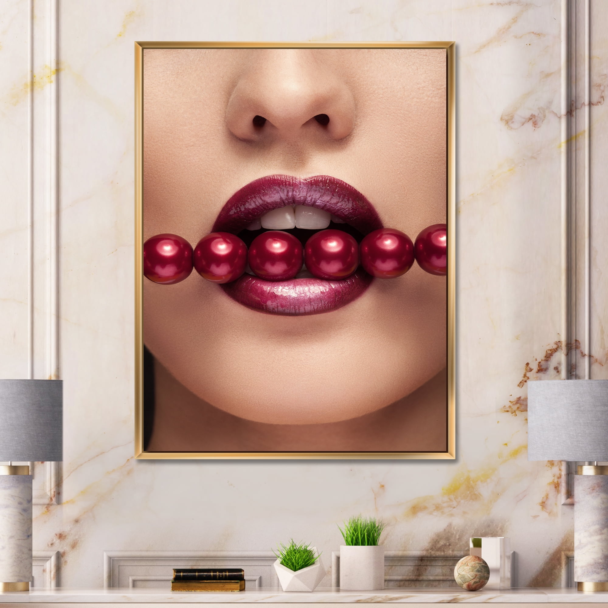 Designart 'Girl With Red Pearls In Mouth In A Sensual Pose' Modern Framed Canvas Wall Art Print