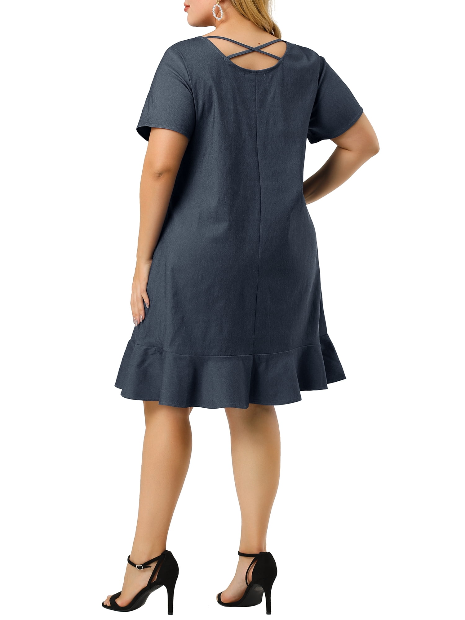 Unique Bargains Juniors' Plus Size Denim Ruffle Hem Short Sleeve Chambray Dress 4X Dark Blue