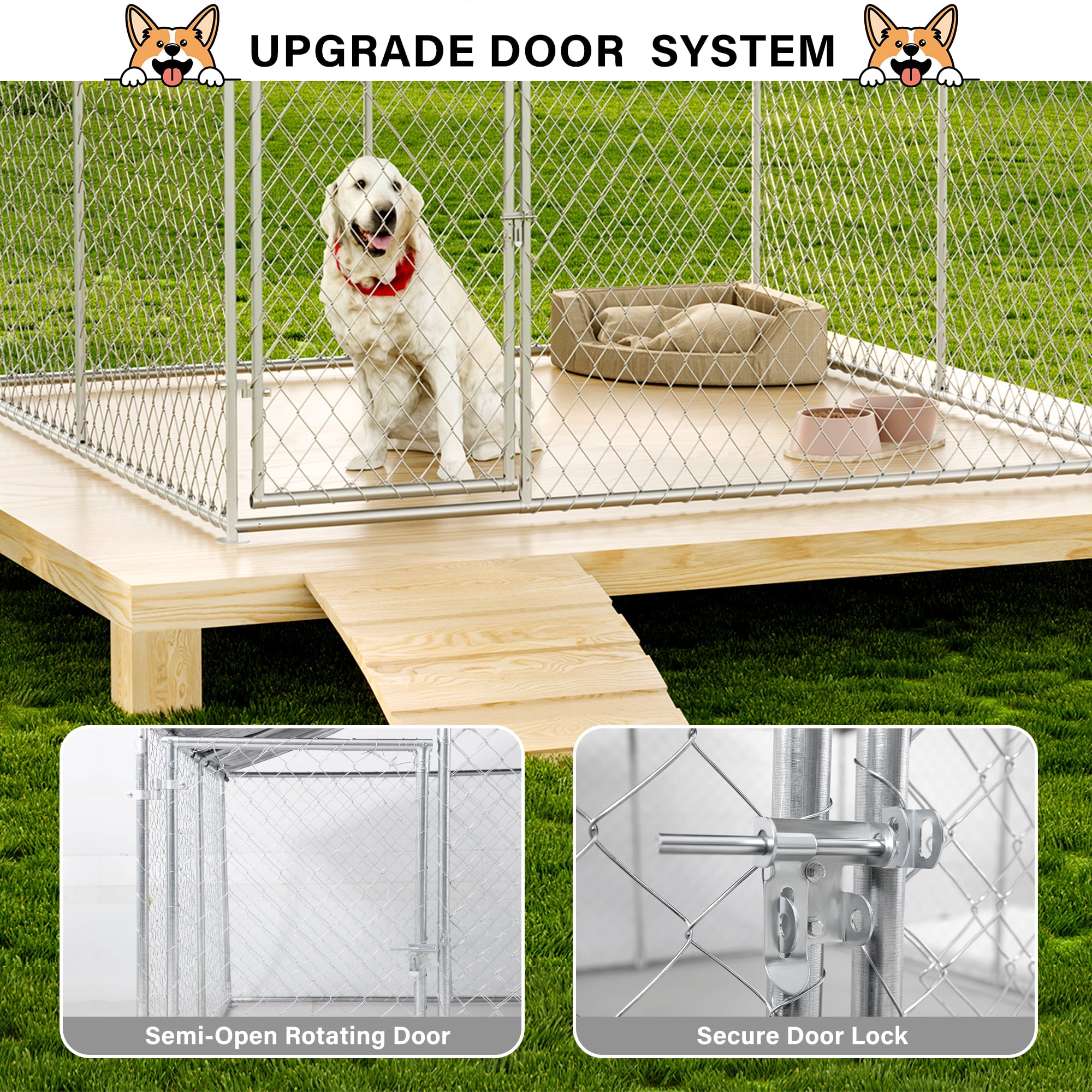 LAUSAINT HOME 7.5' x 7.5' Outdoor Dog Kennel with Roof, Heavy-Duty Steel Dog Cage with Lock for Backyard