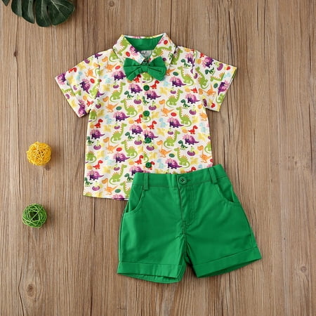 

1-6Y Summer Gentleman Infant Baby Boys Clothes Sets Cartoon Animal Print Bow Shirts Tops+Shorts 2pc