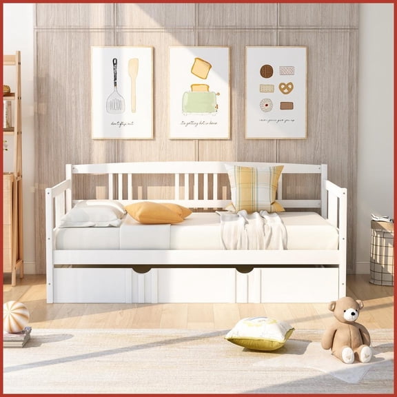 Twin Size Pine Wood Daybed with Trundle - No Box Spring Needed, White, Ideal for Small Spaces