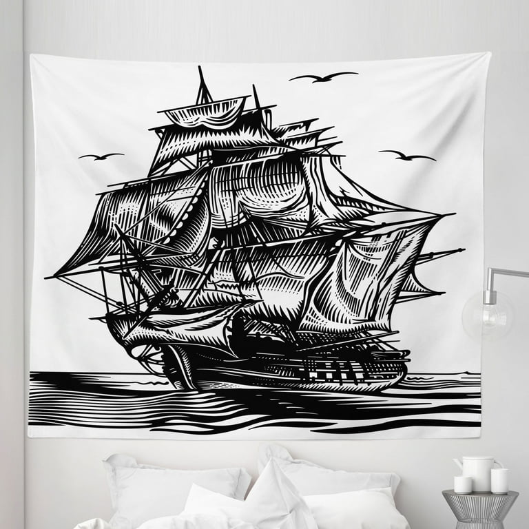 Pirate Ship Tapestry, Nautical Line Art Style Illustration with Vintage  Sailboat on Exotic Waters, Fabric Wall Hanging Decor for Bedroom Living Room  Dorm, 5 Sizes, Black White, by Ambesonne 