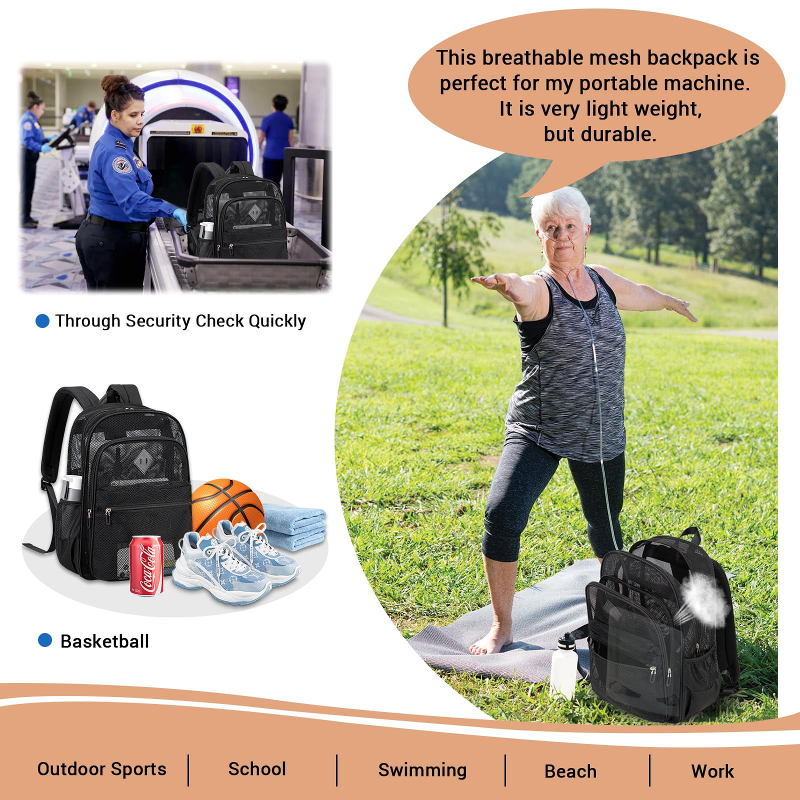 Soda Candy Mesh Backpack Heavy Duty See Through School Backpacks Transparent Bookbag Semi-Transparent Net Book Bags for Swimming, Beach, Sports, Work, Travel, Black