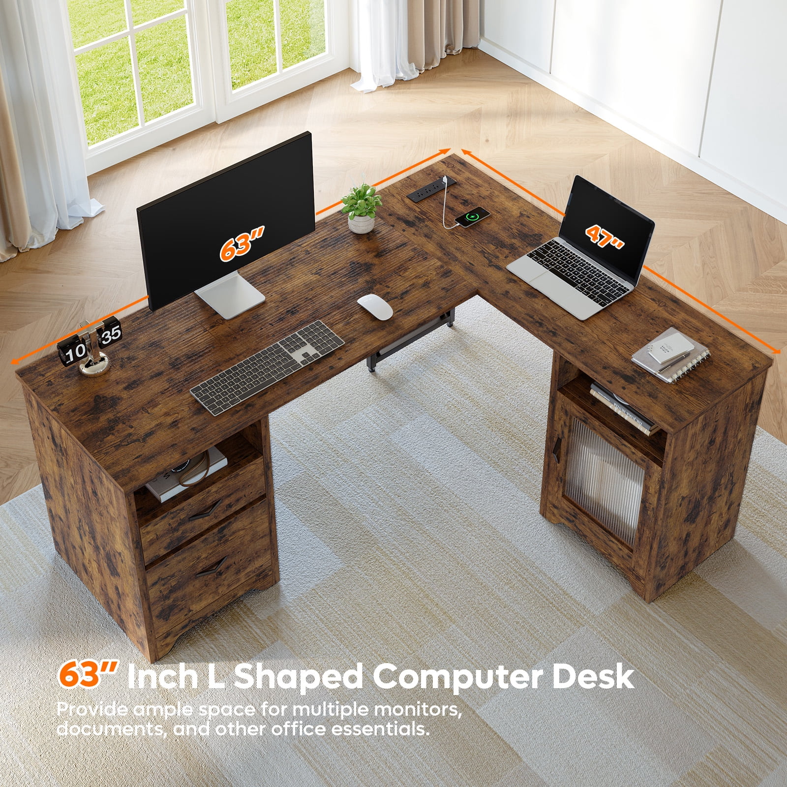 Bestier Farmhouse L Shaped Desk with Drawers, 63"Office Computer Desk with Charging Station & Fluted Storage Cabinet, Corner Desk with File Drawers, Modesty Panel for Home Office, Rustic Brown