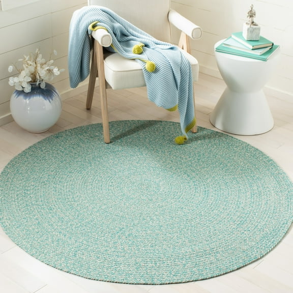 SAFAVIEH Braided Vermont Geometric Cotton Reversible Area Rug, Teal/Ivory, 8' x 8' Round