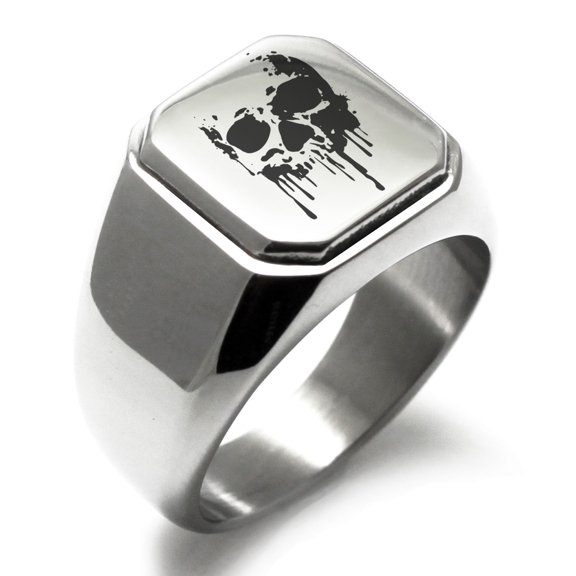 Tioneer Stainless Steel Hades Greek God of Underworld Engraved Square Flat Top Biker Style Polished Signet Ring