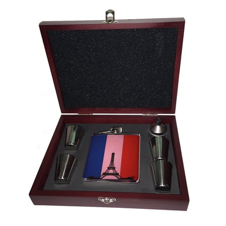 

KuzmarK Pink Leather Flask Set in Rose Wood Gift Box - French Eiffel Tower