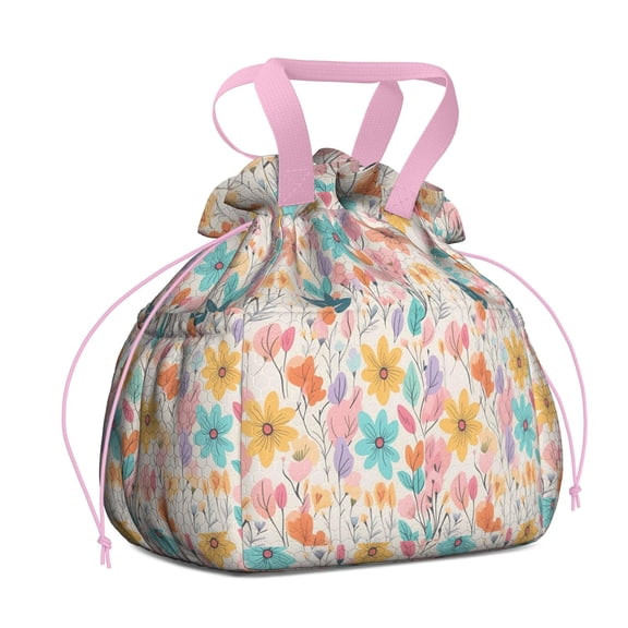 Pioneer Flower Drawstring Lunch Bag Women - Drawstring Lunch Bag Insulated for Work Office - Stain-Resistant Large Lunchbags for Women with Multi-Pockets