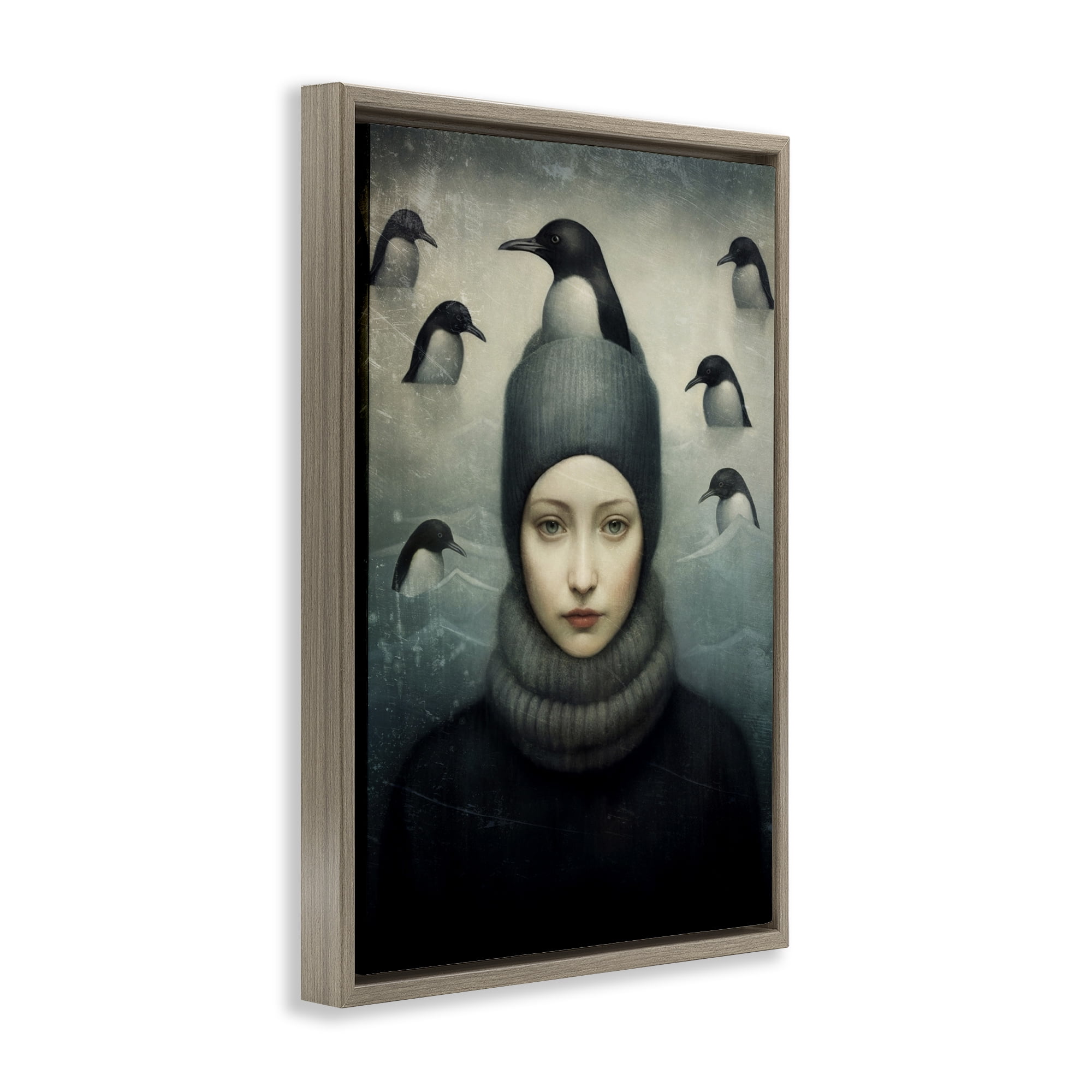 Stupell Industries Peeking Penguins & Woman People Painting Brown Floater Framed Canvas Art Print Wall Art, 17 x 25