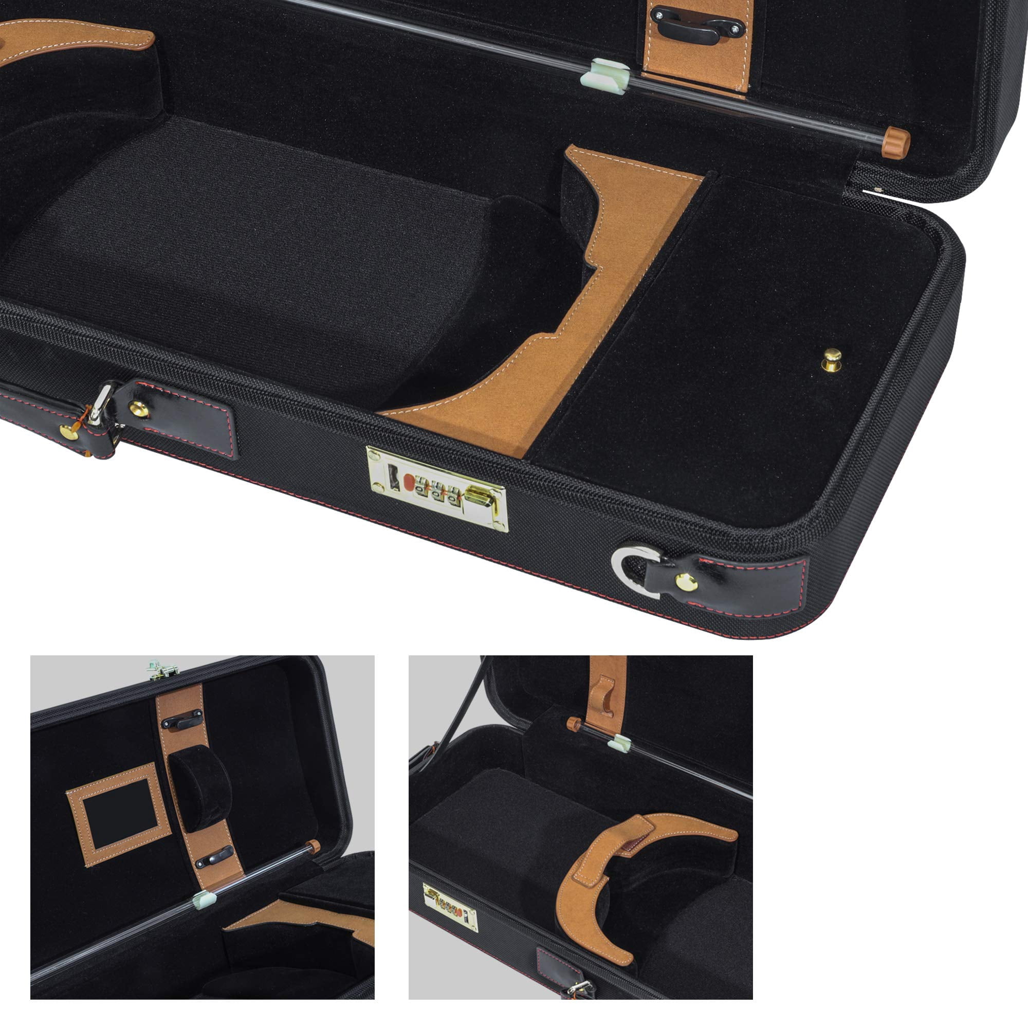 MI&VI Deluxe Hardwood Violin Travel Case 4/4 (Full Size) With Leather Handles | Adjustable Shoulder Straps | Thermal Insulation | Oblong Shape | Photo Pocket | Hygrometer- By MIVI Music (Black/Black)