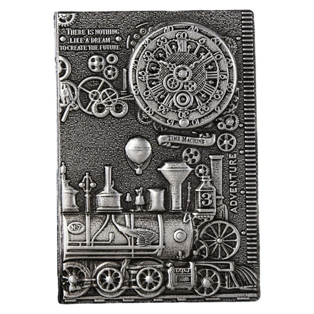 Cuaderno de escritura antiguo hecho a mano con imagen de locomotora en relieve, tamaño A5, con líneas. Plata