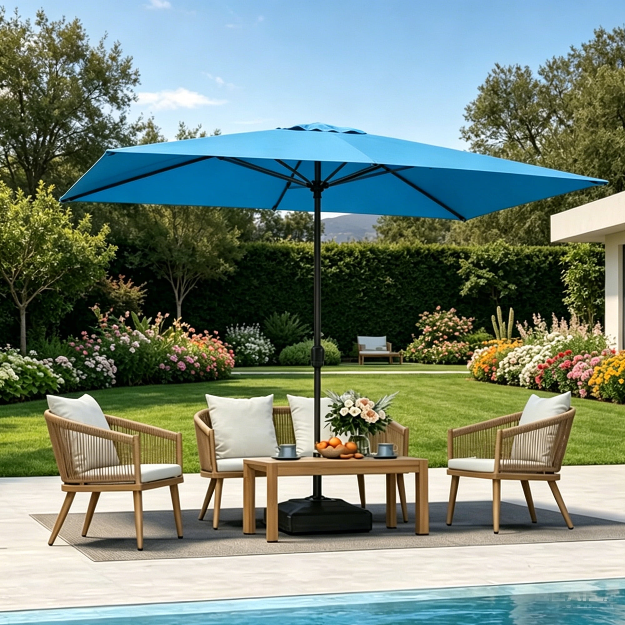 Kool 10x6.5ft Rectangular Patio Umbrella with Crank Handle, Outdoor Market Umbrella with 6 Sturdy Umbrella Ribs, Waterproof, Aqua
