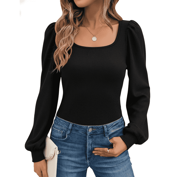 SOMER Womens Tops Long Sleeve Shirt Sexy Square Neck Puff Sleeves Blouse for Going Out,2026 Fall Trendy