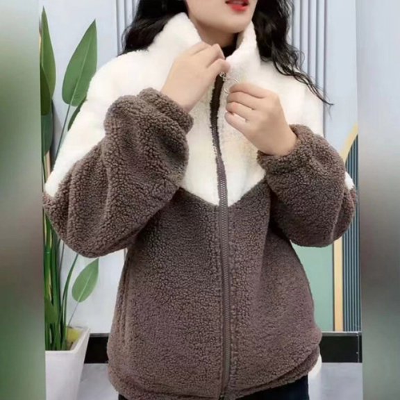 thefmos Women Fall Winter Collared Long Sleeve Zip Up Jackets Fuzzy Fleece Warm Casual Blazer Cozy Outwear Loose Plus Size Windbreaker Outerwear, Coffee 4XL