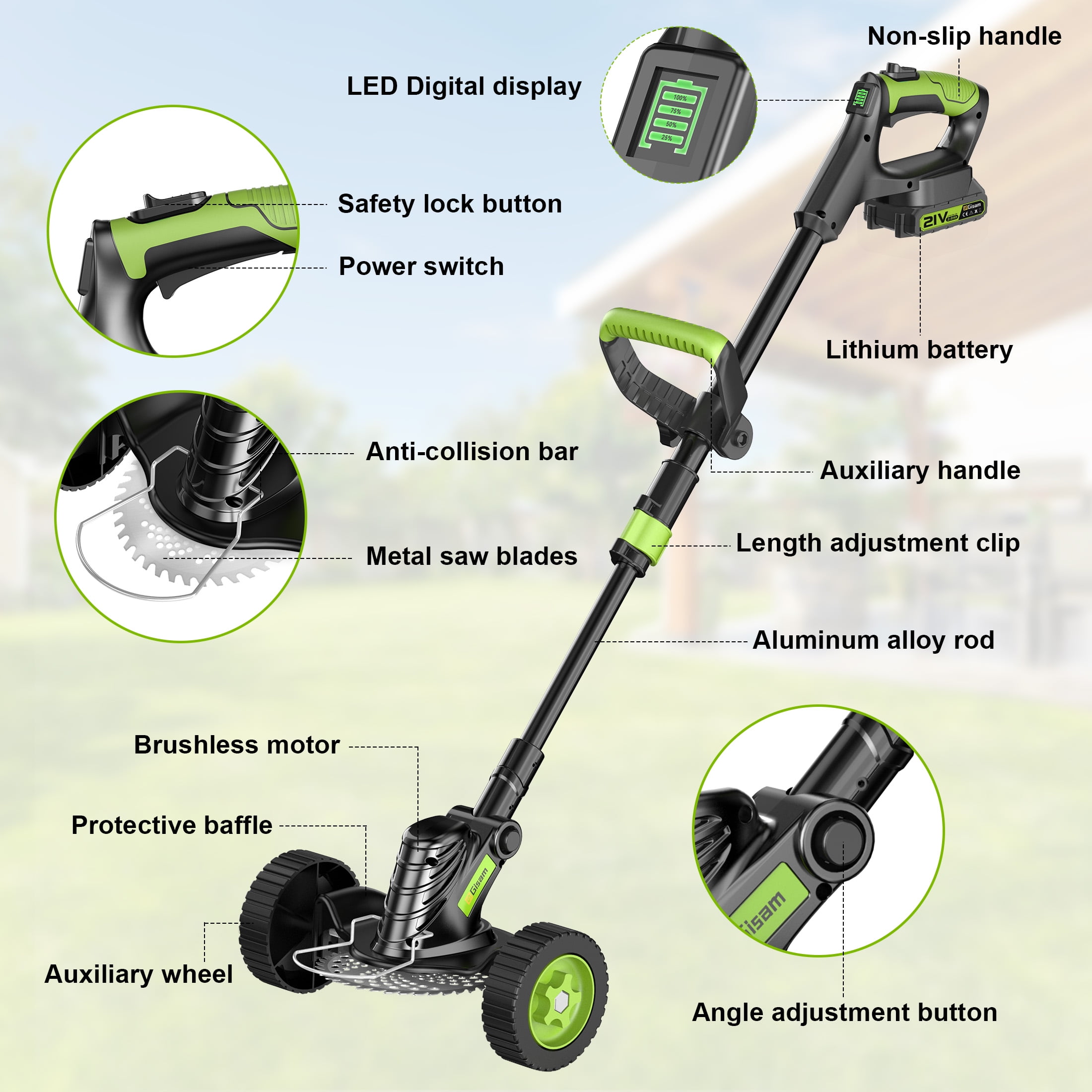Gisam Cordless Grass Trimmer, Battery Operated Weed Wacker with Wheels , Brushless Motor ,2 *2.0Ah Battery & 8 Cutting Blade