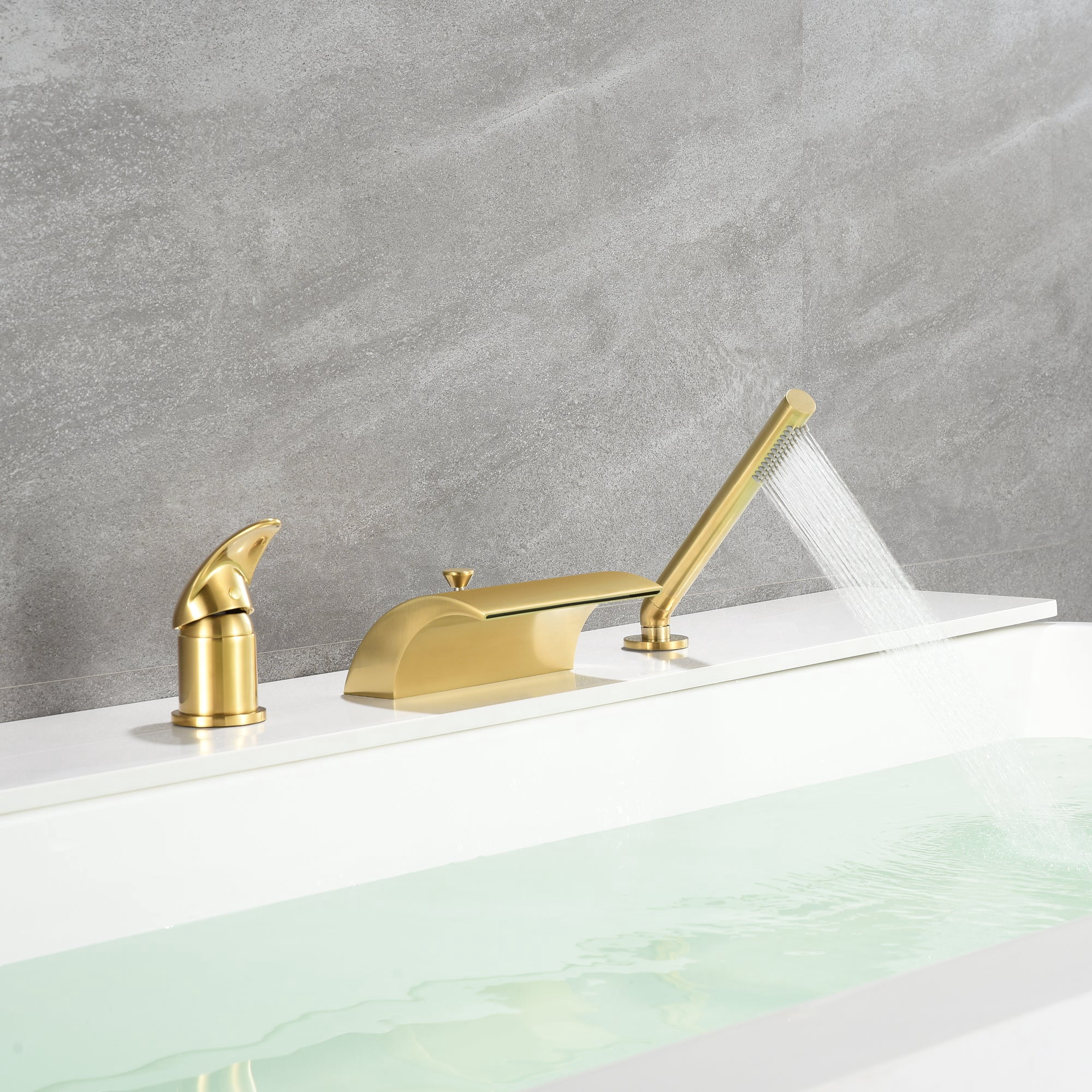 Brushed Gold Roman Tub Faucet with Hand Shower,Waterfall Spout with Diverter