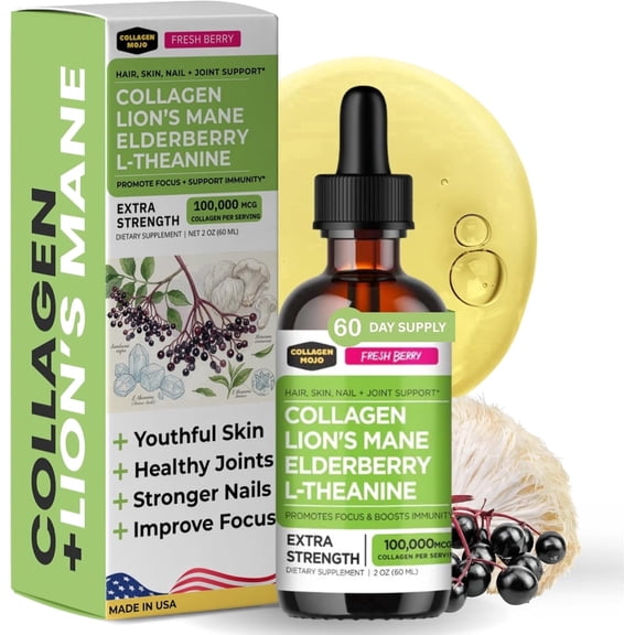 Liquid Collagen Peptides w/ Lions Mane Mushroom, Elderberry & L-Theanine – High Potency/Absorption Formula. Hair, Skin, Nail   Joint Support. Fight Brain Fog & Boost Immunity – Collagen Mojo - 2 oz.