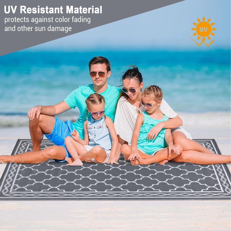 Towallmark 10x14 Outdoor Rug Waterproof, Reversible Plastic Straw Patio Mat, Large Camping Rugs for RV Backyard Deck, All Weather Outside Carpet for Balcony Picnic, Grey&White