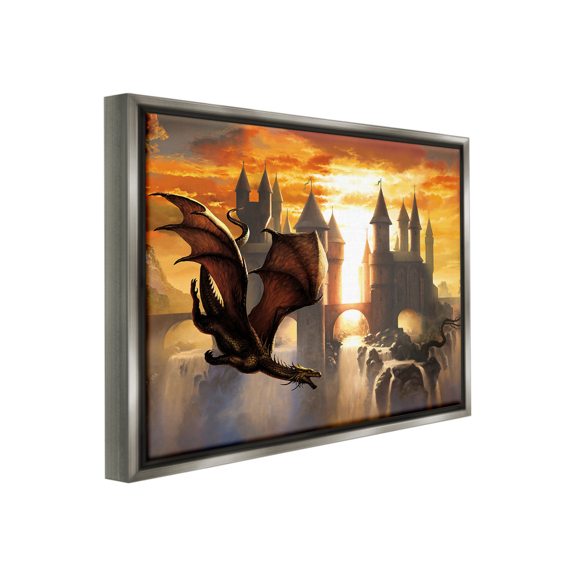 Stupell Industries Dragon & Castle Waterfall Fairy Tales & Fantasy Painting Gray Floater Framed Canvas Art Print Wall Art, 21 x 17