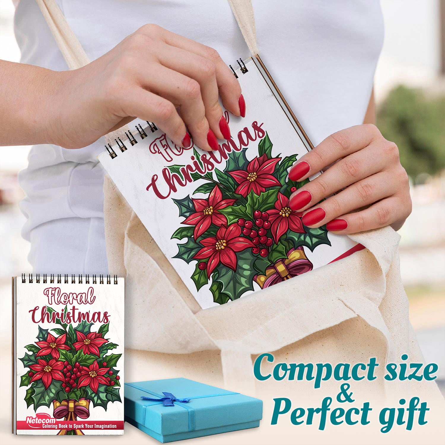 Netecom Floral Christmas Coloring Book Spiral Bound for Adults, A5 Wooden Cover, 30 Beautiful Coloring Pages of Xmas Flowers for Stress Relief and Relaxation
