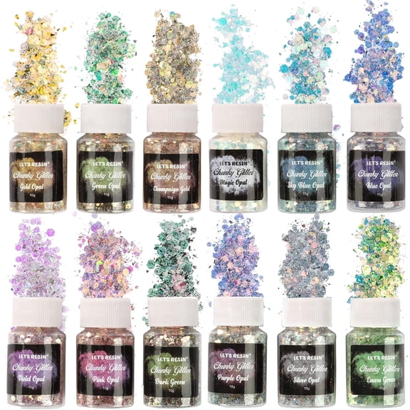 LET'S RESIN Diy Opal Chunky Glitter for Resin, 12 * 10g Craft Powder for Tumblers/Slime, Iridescent Chameleon Glitter Sequins Festival Decor(Each 0.35oz)