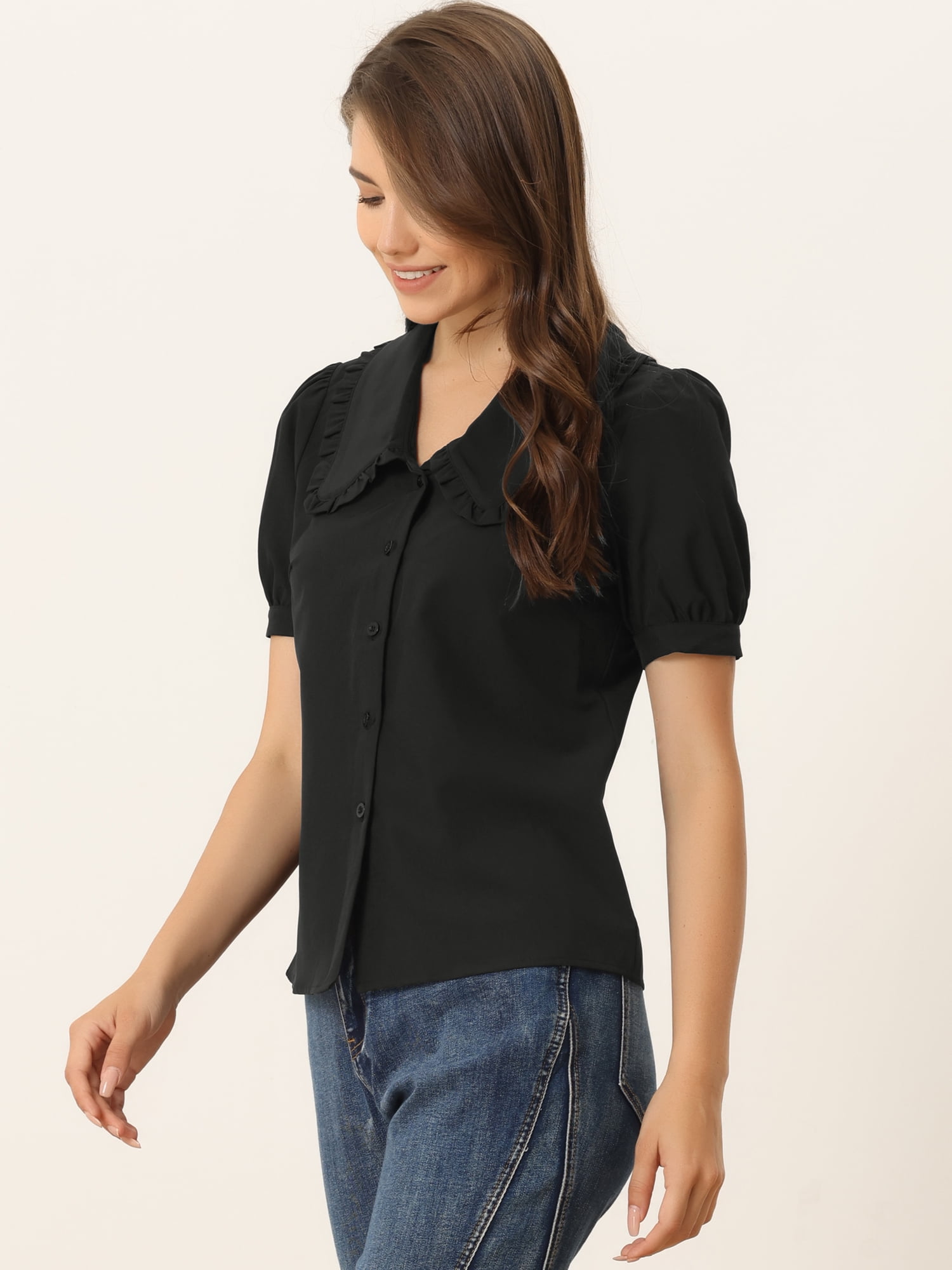 DARING DIVA Women's Peter Pan Collared Puff Short Sleeve Retro Blouse 2XL Black