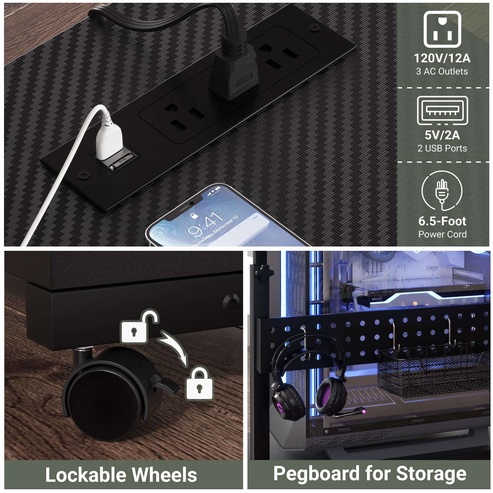 Homieasy 4 Levels Height Adjustable Computer Tower Stand with Power Strips - Mobile Under-Desk CPU Holder with Wheels, 24" Carbon Fiber,Carbon Fiber Black