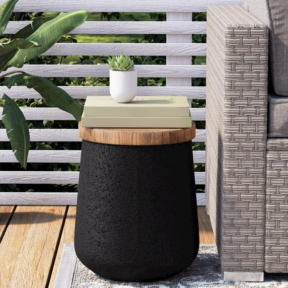 COSIEST Drum End Table Cylinder Shaped Concrete Side Table Faux-Wood Top, Black Outdoor Accent Table with Tree Trunk Slice Hand Painted, Accent Stool