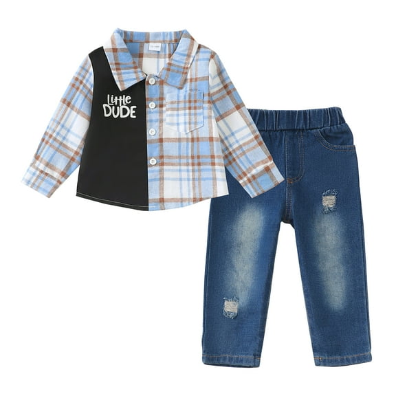 4T Baby Boys Clothes 5T Boys 2PCS Denim Outfits Set Letter Print Toddler Boys Long Sleeve Plaid Top Denim Pants Set Blue