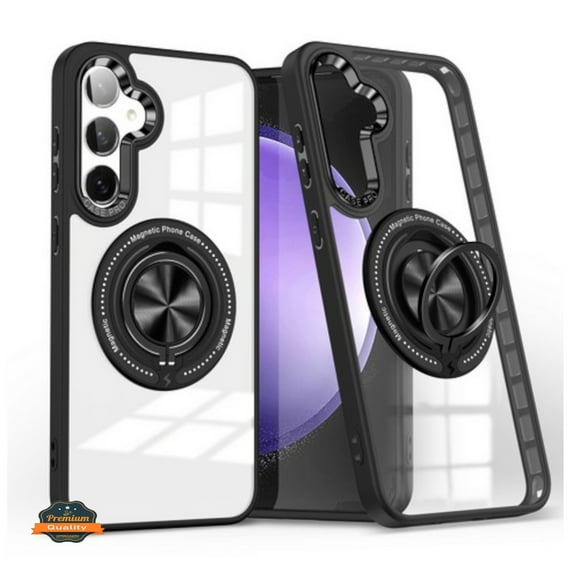 For Samsung Galaxy S23 FE /Fan Edition Clear Transparent Back Hybrid with Rotate Ring Stand & MagSafe Compatible Shockproof Slim Phone Case Cover by Xpression - Black