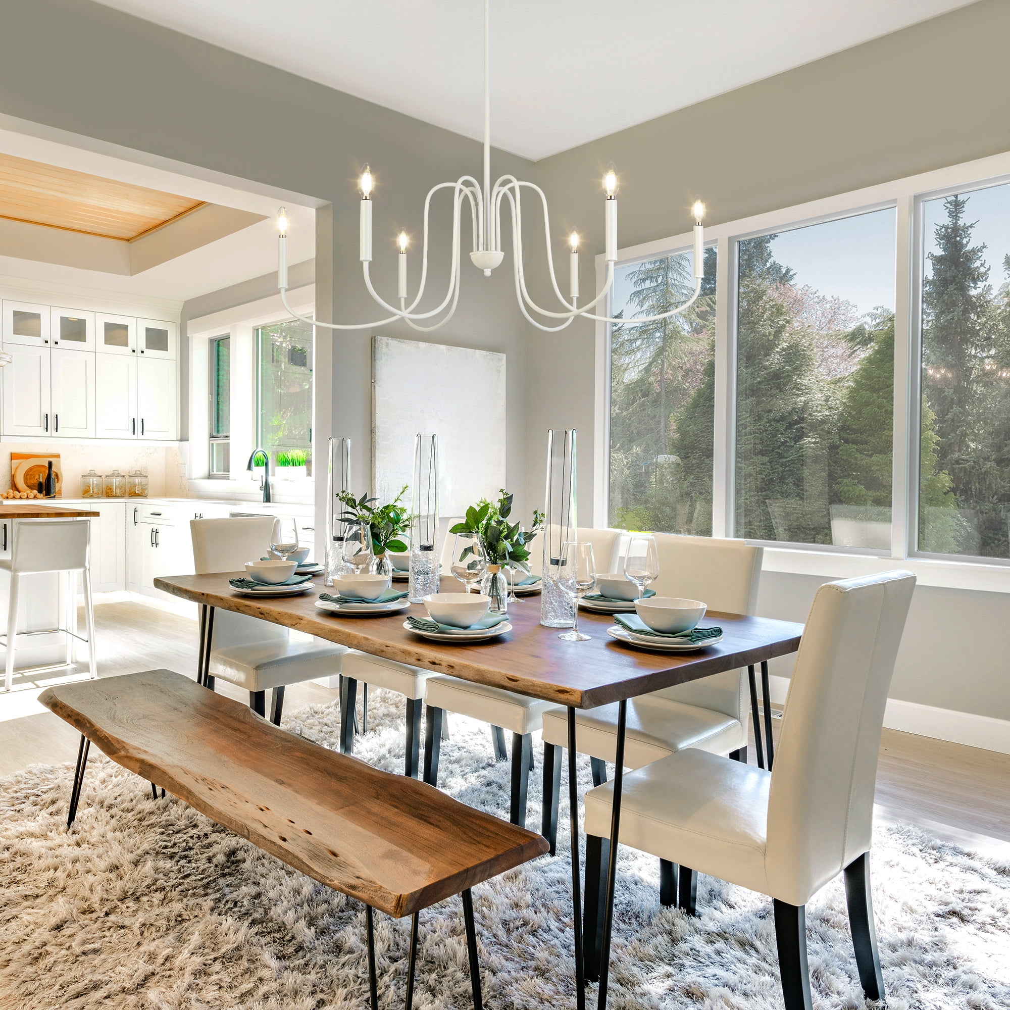 LNC Ampiuo 6 -Light Matte White Bare bulb Iron Chandelier