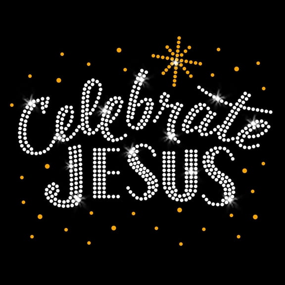 Gold Celebrate Jesus Iron-on Clear Rhinestone Transfer by JCS Rhinestones