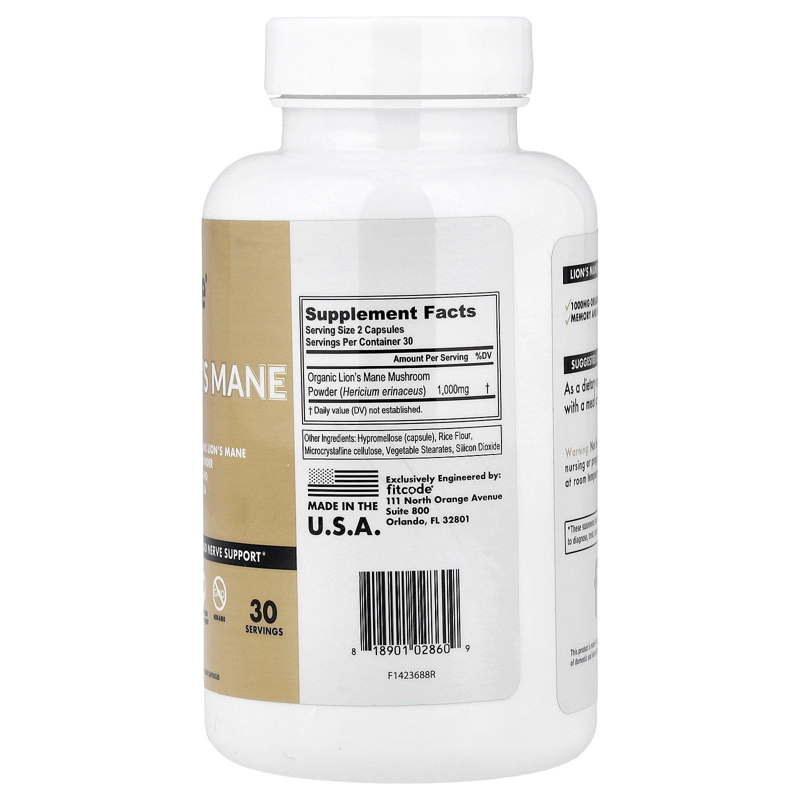 fitcode Lion's Mane, 1,000 mg, 60 Veggie Capsules (500 mg per