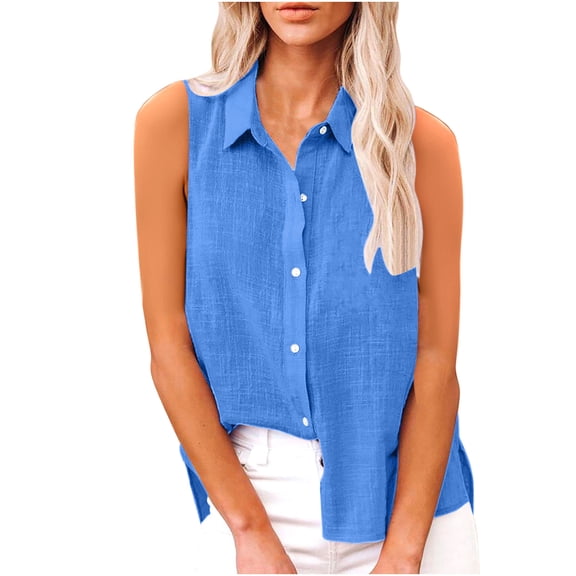 Staron Summer Blouses for Women Casual Sleeveless Button Down Shirt Solid Color Side Slit Turn-Down Collar Tank Top, Light Blue XL