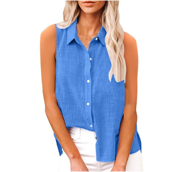Olyvenn Cotton Linen Tank Shirts for Women Sleeveless Collared Tops Oversized Button Up Blouses Work Shirts Casual Summer Tshirt Light Blue XL