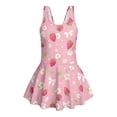 thumbnail image 4 of COEQINE Girls One Piece Bathing Suit, Scoop U-Neck & V Back Playful Swimsuit with Attached Skirt, Beach Swim Dress for Kids Age 8-9, Machine Washable, Pink Strawberry Bow Floral, 4 of 8
