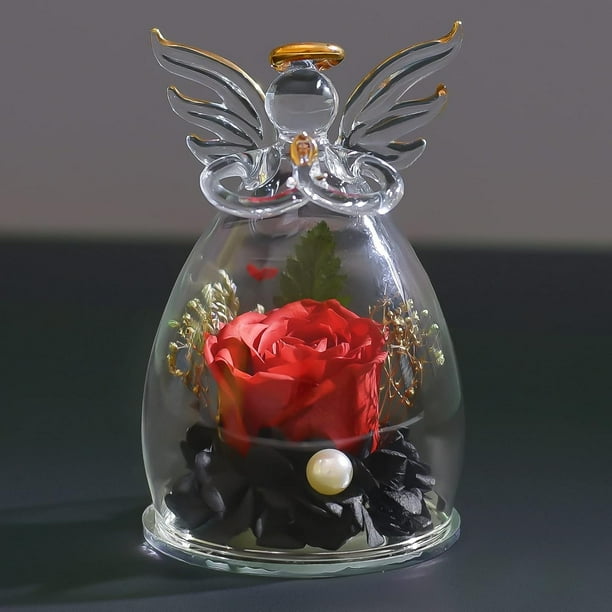 Rosa real en cúpula de cristal, rosa preservada con figuras de ángeles, regalos de flores para mujeres en el día de San Valentín, aniversario, día de la madre, día del niño, cumpleaños, día de acción