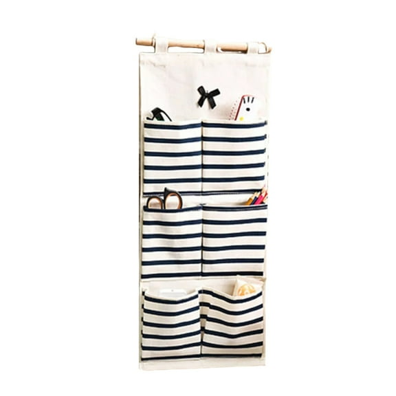 Tkrady Linen Cotton Fabric 6 Pockets Wall Door Cloth Hanging Storage Bag Home Organizer (Black Stripe)