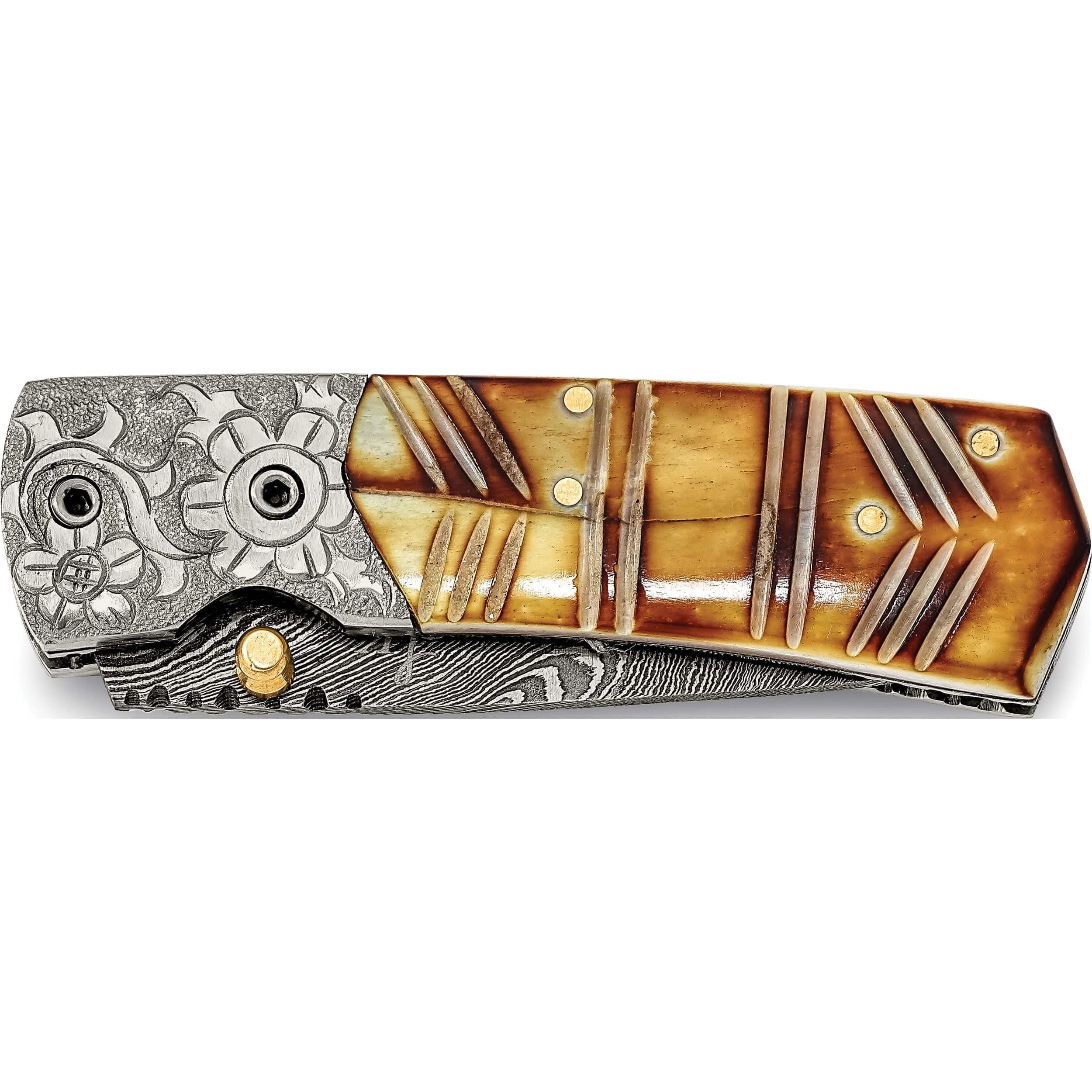 Fashion Damascus Steel 256 Layer Folding Dyed/Carved Camel Bone Knife (6.3 X 1) Made In Pakistan kn3221