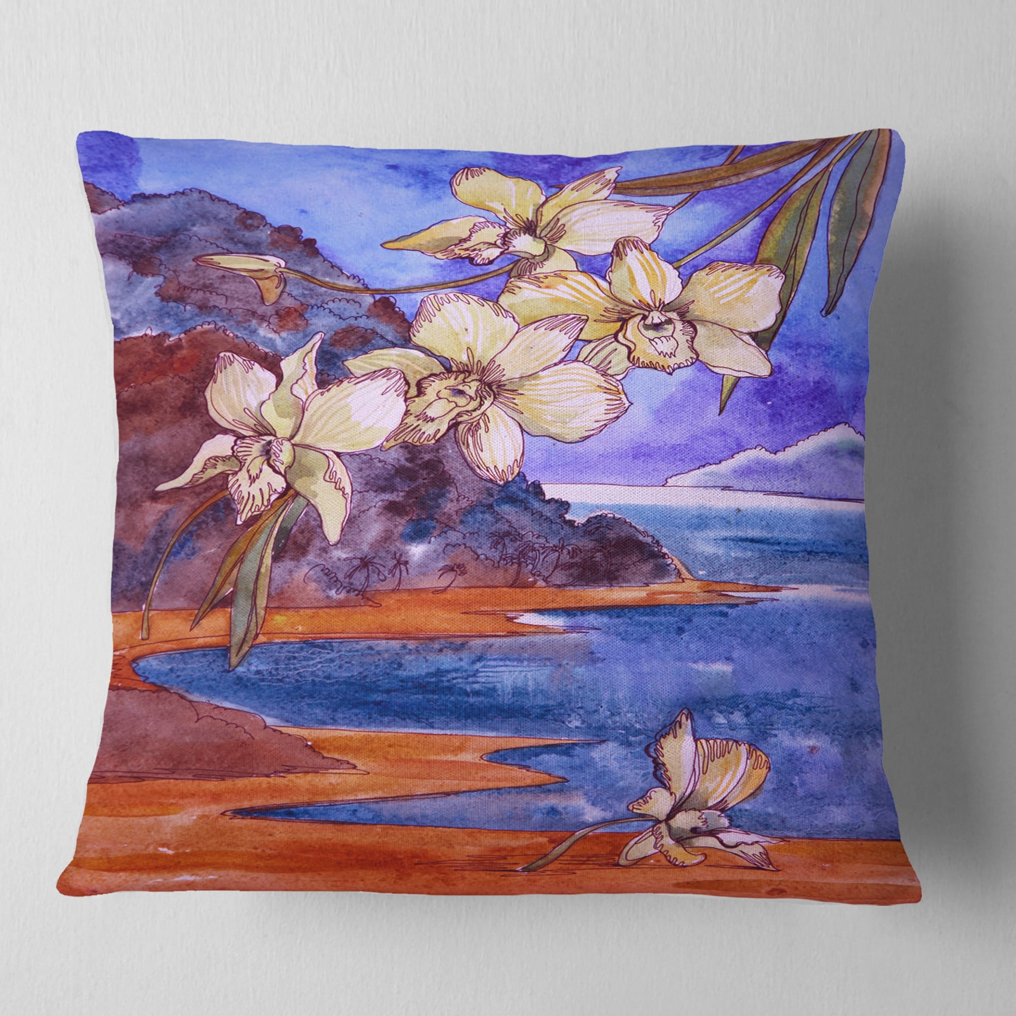 Designart White Orchid with Sea - Floral Throw Pillow - 18x18