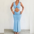 thumbnail image 5 of Women's Cross Twist Front Halter Cami Tops and Skirt Summer Solid Color Pleated Slim Fit Dress Light Blue, 5 of 9