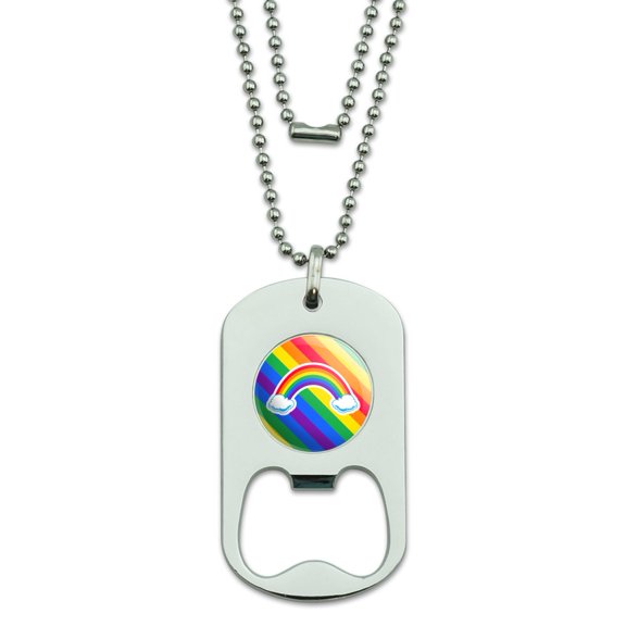 Double Rainbow with Clouds Military Dog Tag Bottle Opener Pendant