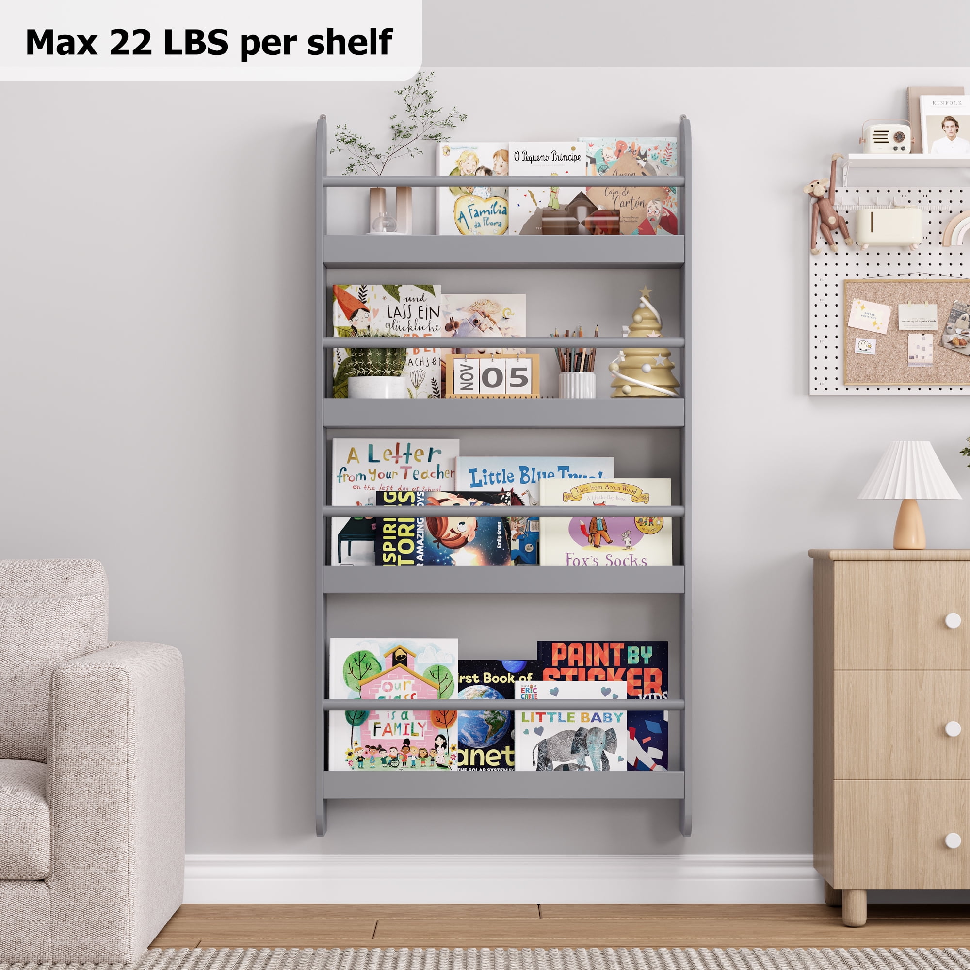 Homfa 4-Tier Wall Bookshelf, 43.7"H Wall Mounted Kids Bookshelf, Book Storage Rack for Kids Room, Gray