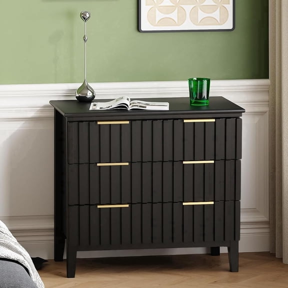 LAZZO 3-Drawer Nightstand, Tall Fluted Bedside Table with Gold Metal Handles, Storage Table for Bedroom, Black