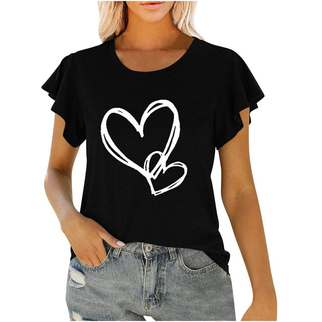 Timegard Top for Women Ruffle Short Sleeve Round Neck Valentine's Day Print Comfy Tee Shirts Summer Fashion