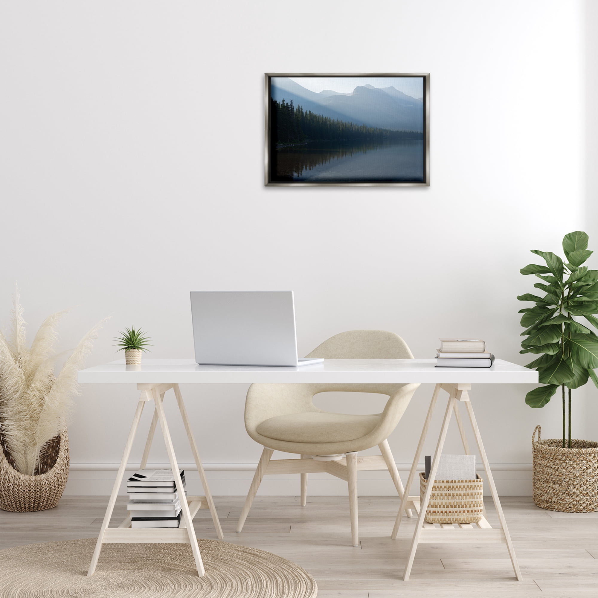 Stupell Industries Foggy Lakeside Trees Landscape Photography Gray Floater Framed Art Print Wall Art, 25 x 17