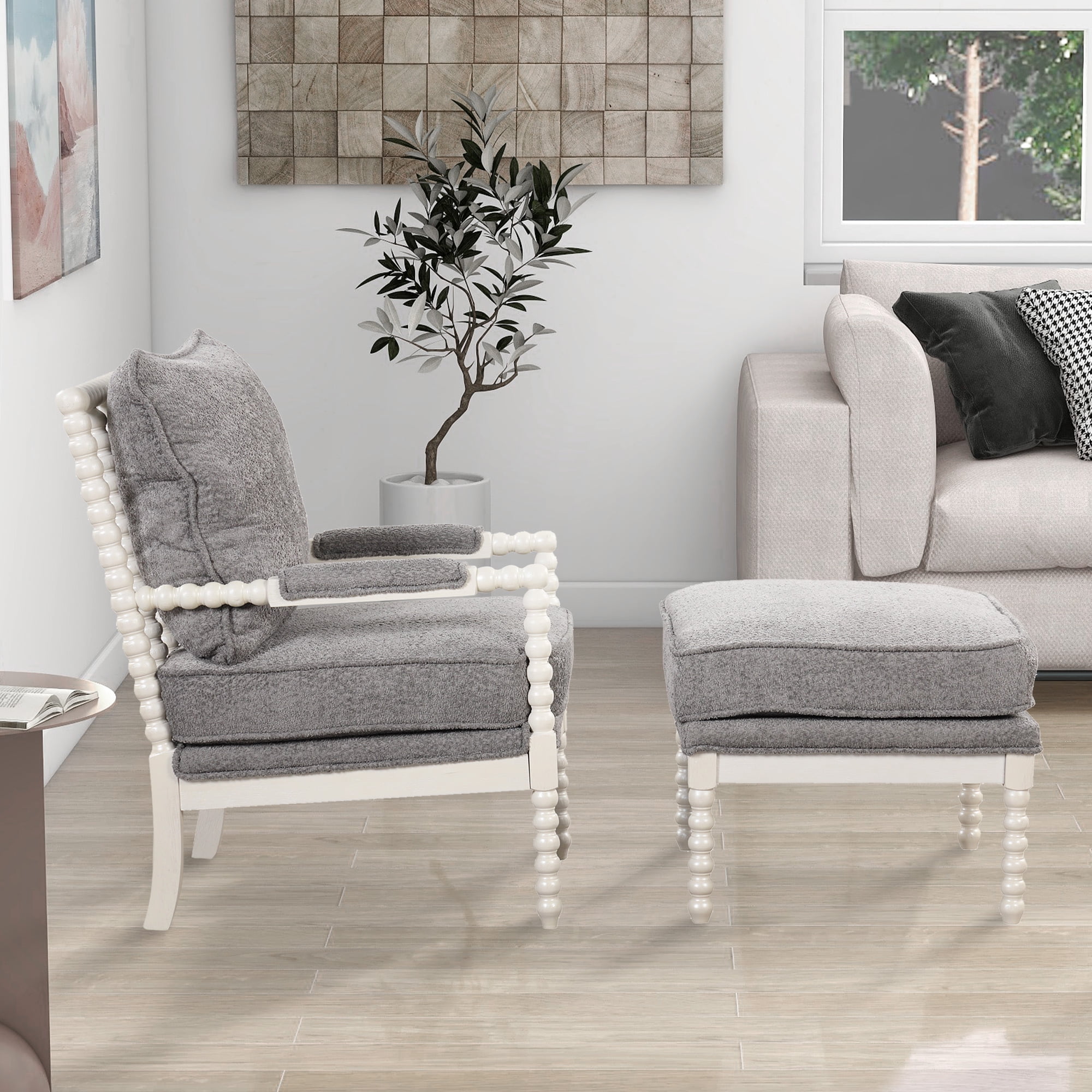 Velvet Accent Chair with Ottoman Spindle Chair Set Arm Chair